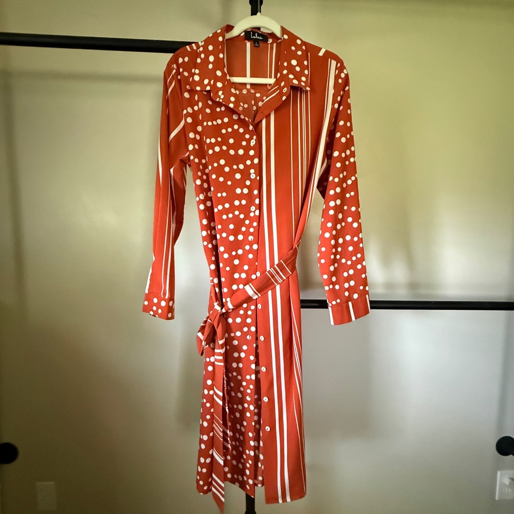 Lulus Via Dolce Rust Orange Mixed Polka Dot Stripe Midi Shirt Dress‎ Large